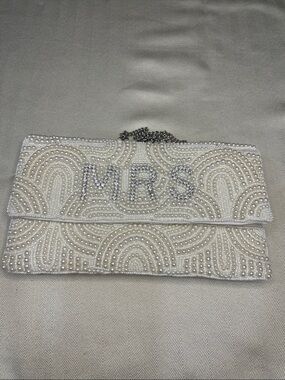 Lulu's White Beaded 'MRS' Evening Clutch